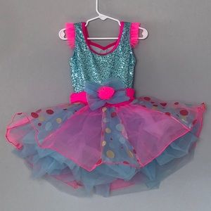 Revolution Dancewear Blue & Pink Polka Dot Dress Youth Dance Costume